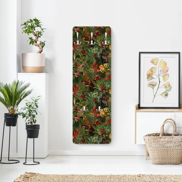 Wall mounted coat rack patterns Tropical Flowers With Monkeys