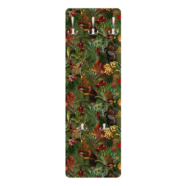 Wall mounted coat rack green Tropical Flowers With Monkeys