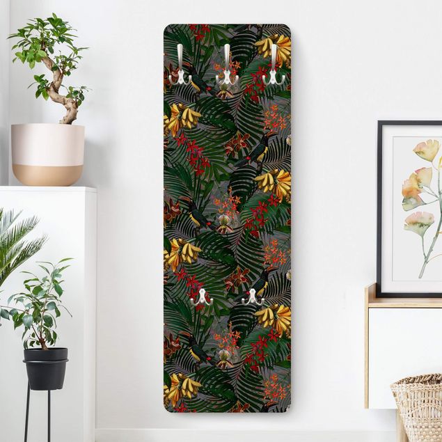 Wall mounted coat rack flower Tropical Ferns With Tucan Green