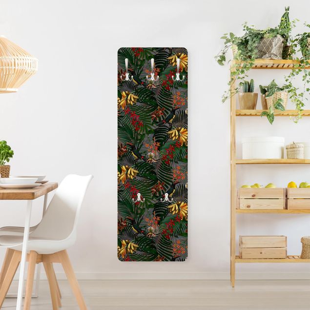 Wall mounted coat rack patterns Tropical Ferns With Tucan Green