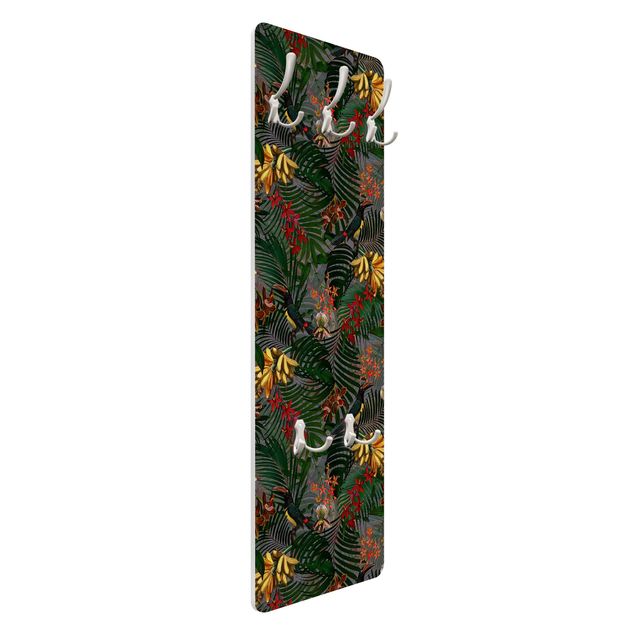 Wall mounted coat rack green Tropical Ferns With Tucan Green