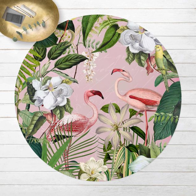 outdoor mat Tropical Flamingos With Plants In Pink