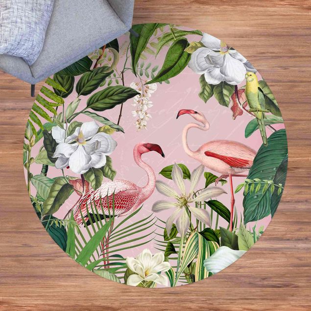 outdoor balcony rug Tropical Flamingos With Plants In Pink