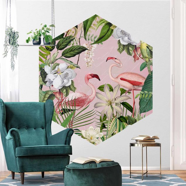 Wallpapers birds Tropical Flamingos With Plants In Pink