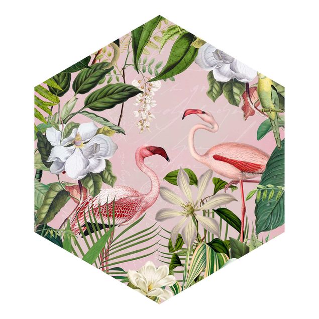 Retro wallpaper Tropical Flamingos With Plants In Pink