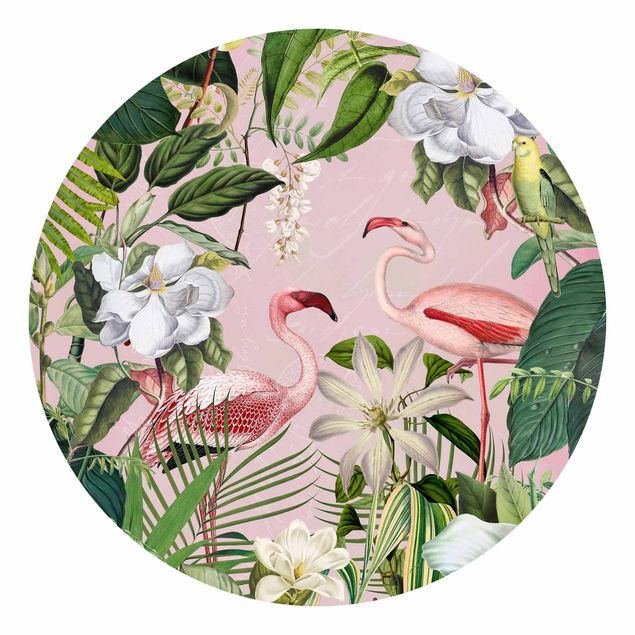 Floral wallpaper Tropical Flamingos With Plants In Pink
