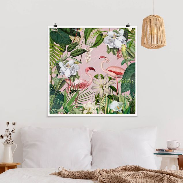 Kitchen Tropical Flamingos With Plants In Pink