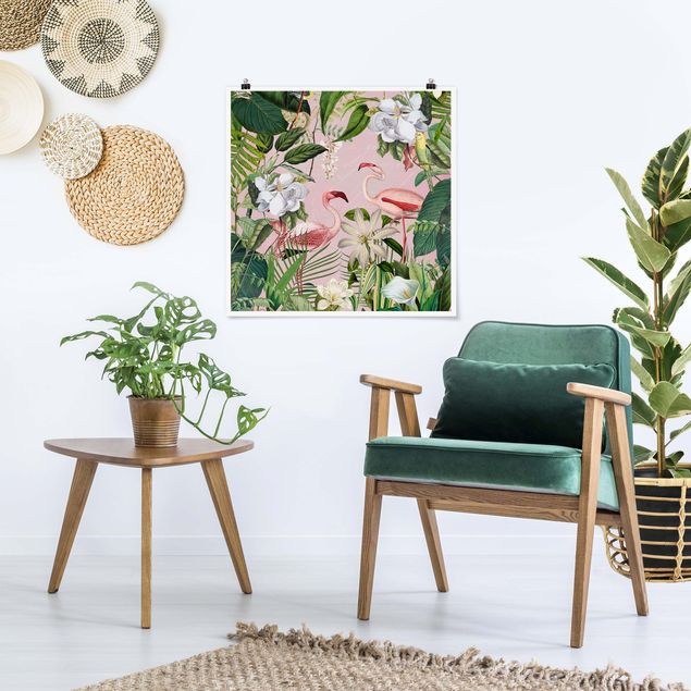 Art prints Tropical Flamingos With Plants In Pink