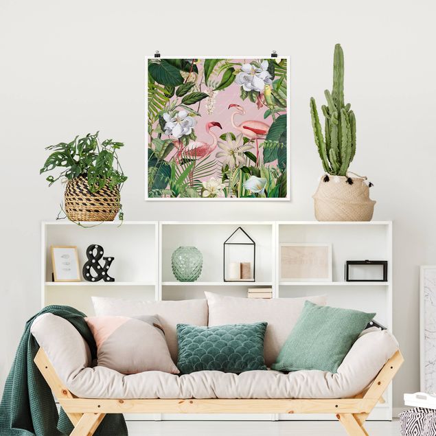 Art posters Tropical Flamingos With Plants In Pink