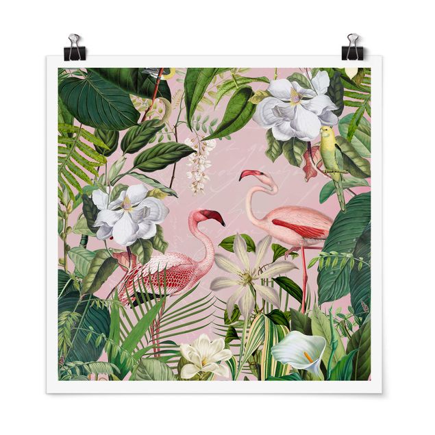 Prints animals Tropical Flamingos With Plants In Pink