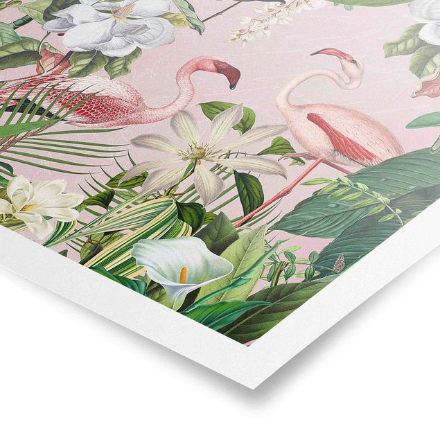 Pink wall art Tropical Flamingos With Plants In Pink
