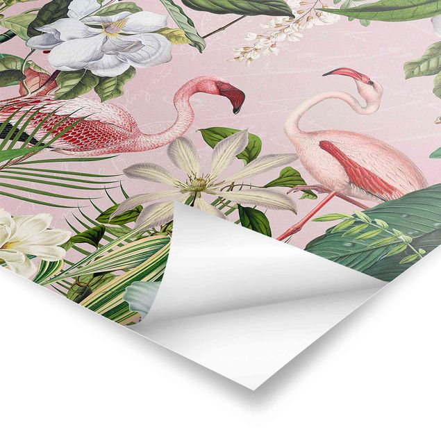 Prints Tropical Flamingos With Plants In Pink