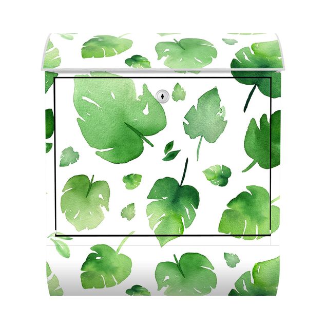 Green post box Tropical Green Watercolour Leaves