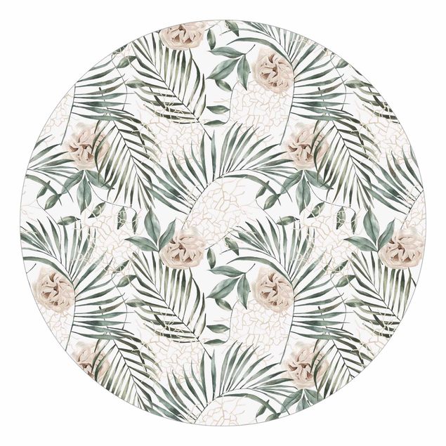 Contemporary wallpaper Tropical Palm Bows With Roses Watercolour