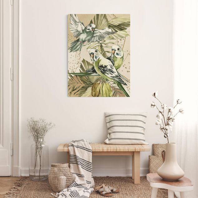 Flower print Tropical Birds - Green Budgerigar