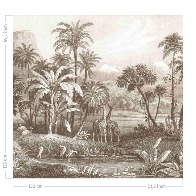 contemporary curtains Tropical Copperplate Engraving With Giraffes In Brown