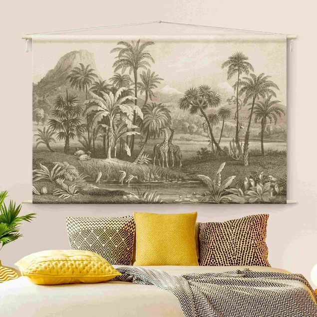Landscape wall art Tropical Copperplate Engraving With Giraffes In Brown