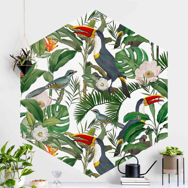 Kitchen Tropical Toucan With Monstera And Palm Leaves