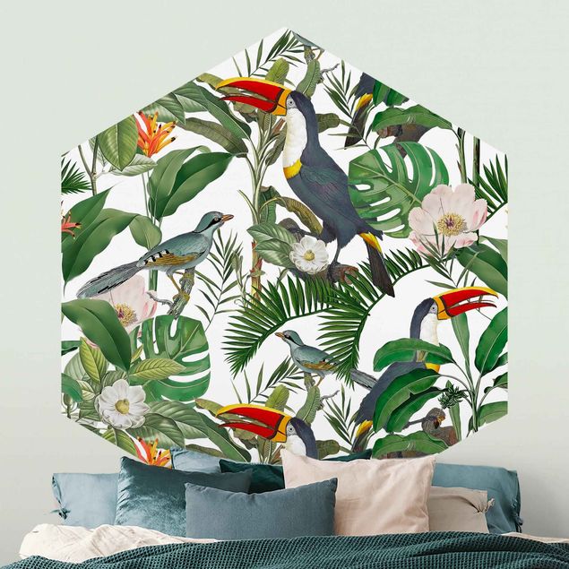 Wallpapers birds Tropical Toucan With Monstera And Palm Leaves