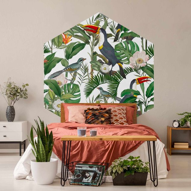 Wallpapers animals Tropical Toucan With Monstera And Palm Leaves