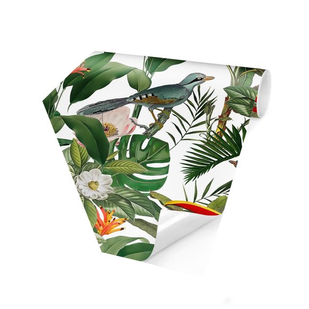 Retro wallpaper Tropical Toucan With Monstera And Palm Leaves