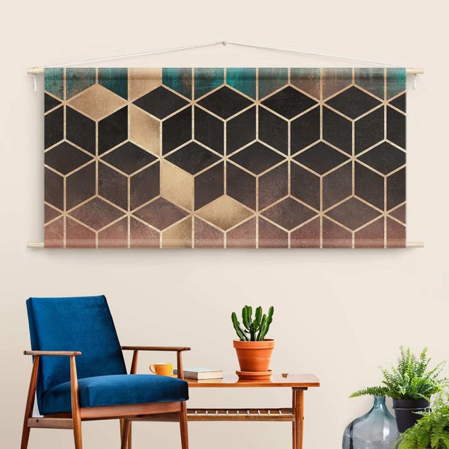 extra large wall tapestry Turquoise Rosé Golden Geometry