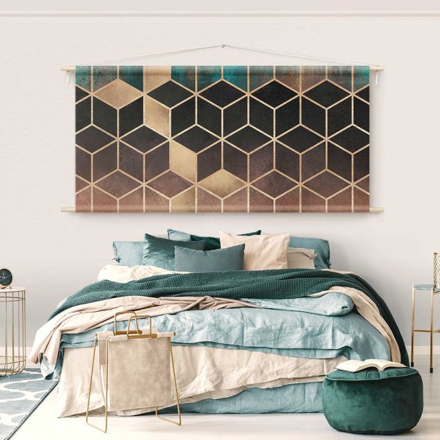 modern tapestry wall hanging Turquoise Rosé Golden Geometry