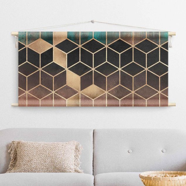 tapestry wall hanging Turquoise Rosé Golden Geometry