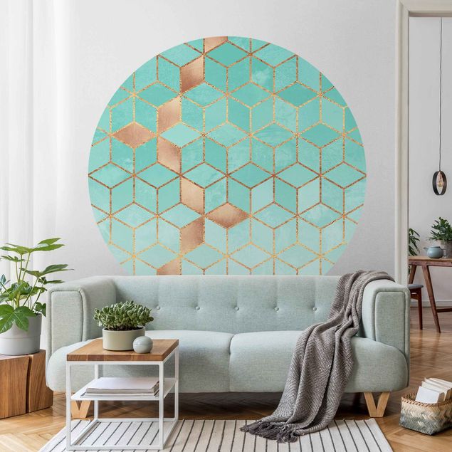 Geometric pattern wallpaper Turquoise White Golden Geometry