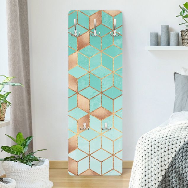 Wall mounted coat rack patterns Turquoise White Golden Geometry