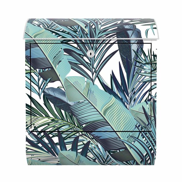 Green post box Turquoise Leaves Jungle Pattern