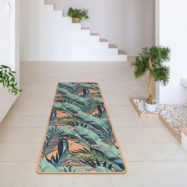 green rugs for living room Turquoise Leaves Jungle Pattern