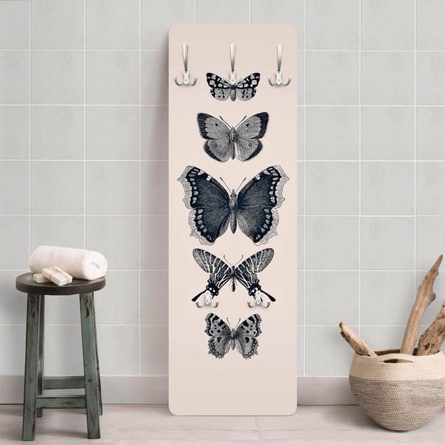 Wall mounted coat rack animals Ink Butterflies On Beige Backdrop