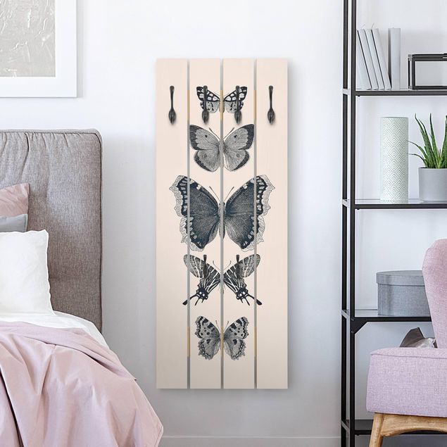 Wooden wall mounted coat rack Ink Butterflies On Beige Backdrop