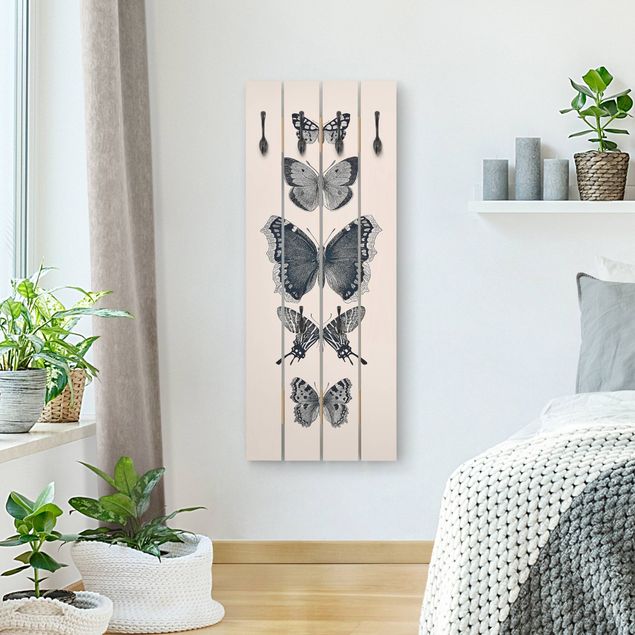 Shabby chic wall coat rack Ink Butterflies On Beige Backdrop