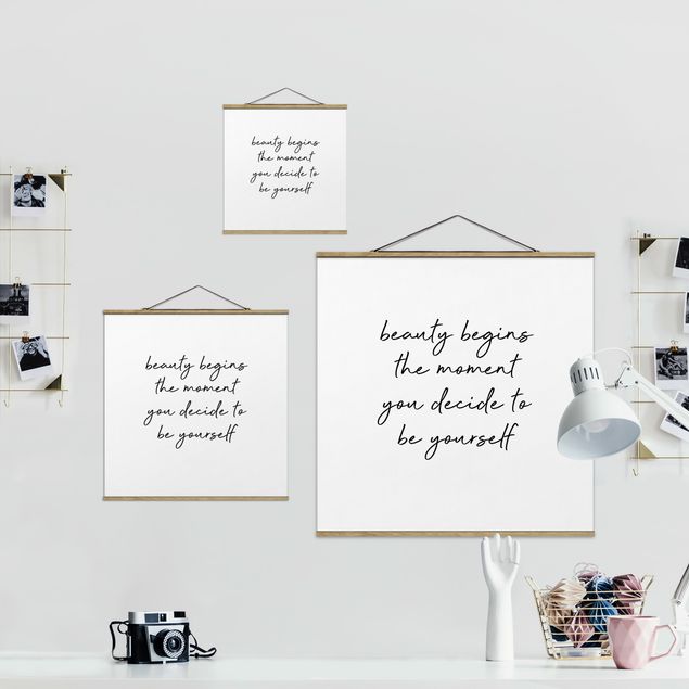 Fabric print with posters hangers Typography Beauty Begins Quote