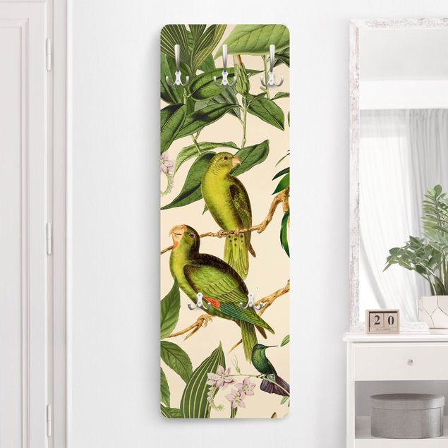 Wall mounted coat rack flower Vintage Collage - Parrots In The Jungle