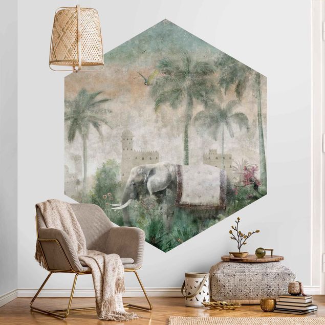Retro wallpaper Vintage Jungle Scene with Elephant
