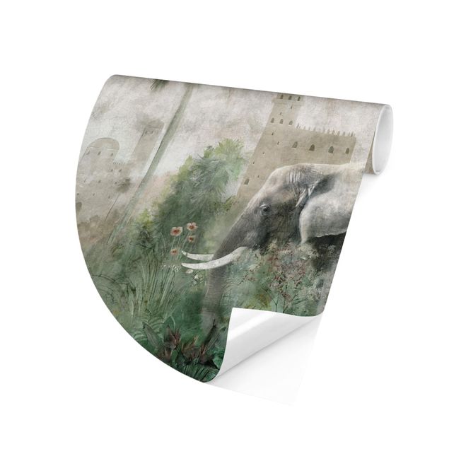 Wallpapers green Vintage Jungle Scene with Elephant