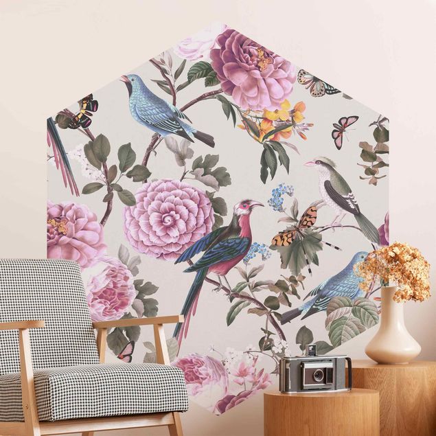 Wallpapers butterfly Vintage Illustration Bird Of Paradise And Peonies