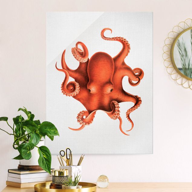 Prints fishes Vintage Illustration Red Octopus