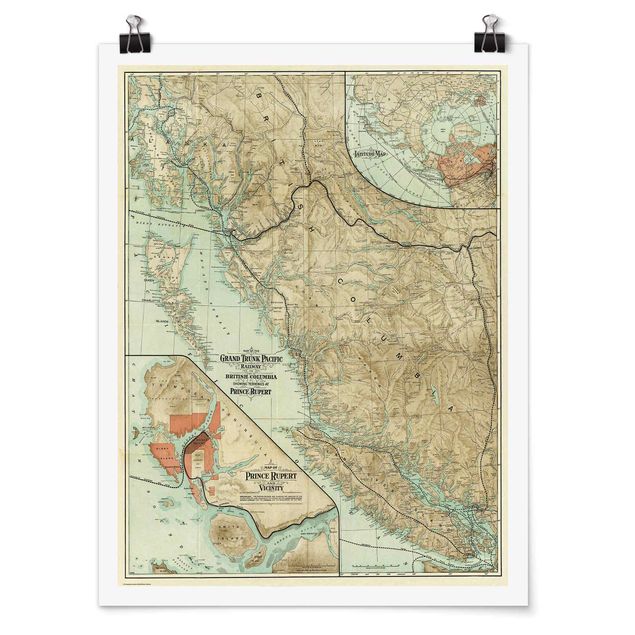 Posters art print Vintage Map British Columbia