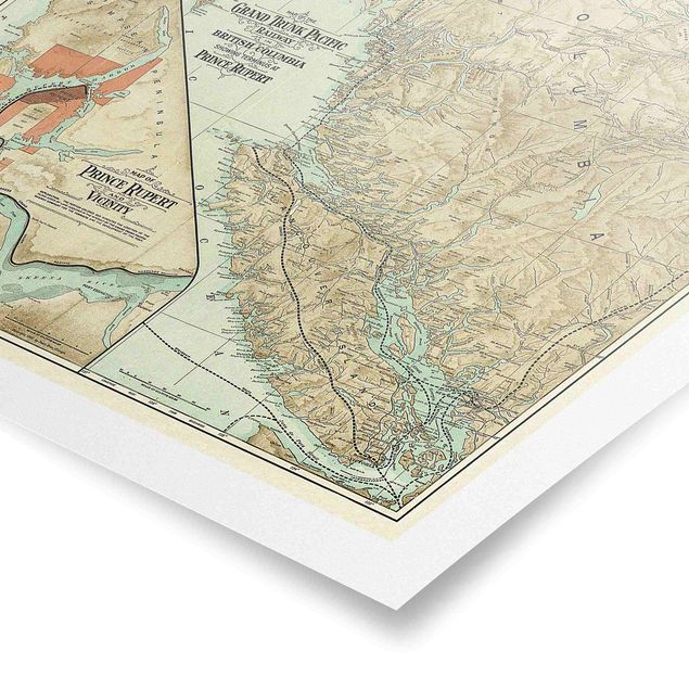 Prints multicoloured Vintage Map British Columbia