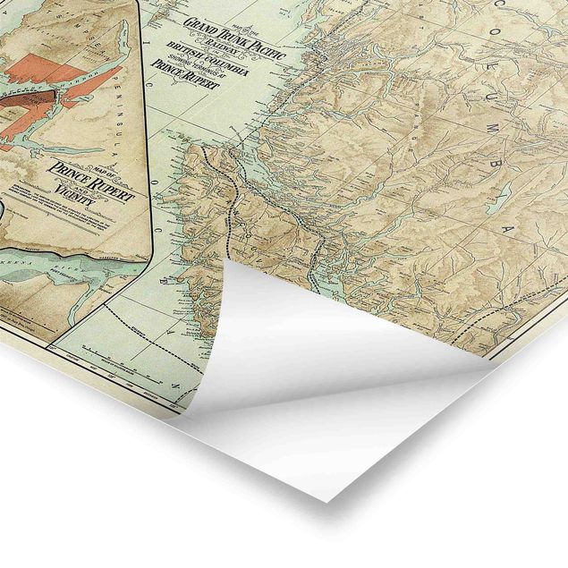 Prints Vintage Map British Columbia