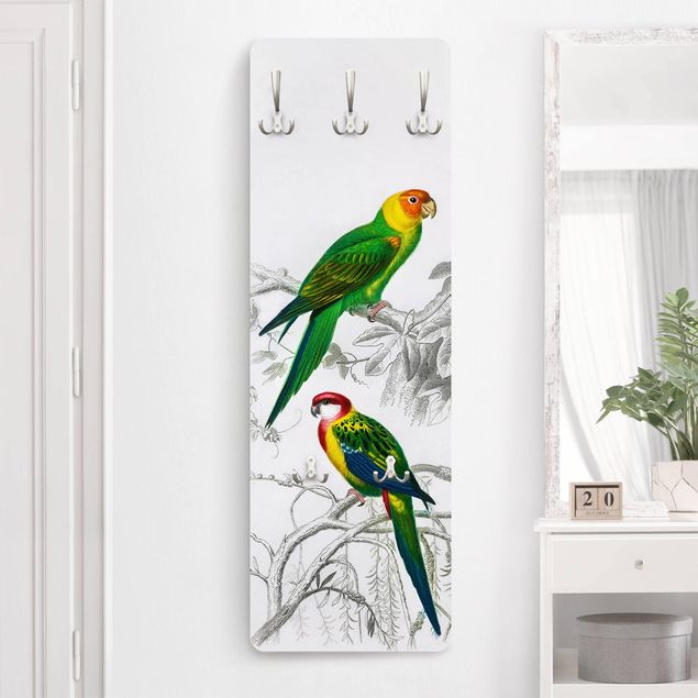 Wall mounted coat rack flower Vintage Wall Chart Two Parrots Green Red