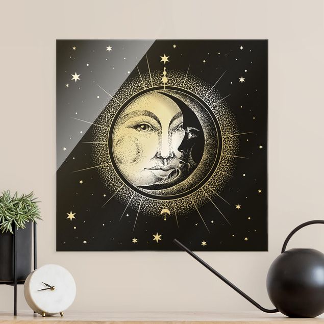 Glass prints black and white Vintage Sun And Moon Illustration