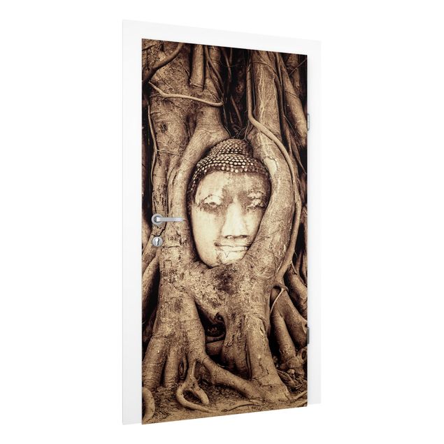 Door Wallpapers flower Buddha In Ayutthaya Lined From Tree Roots In Brown