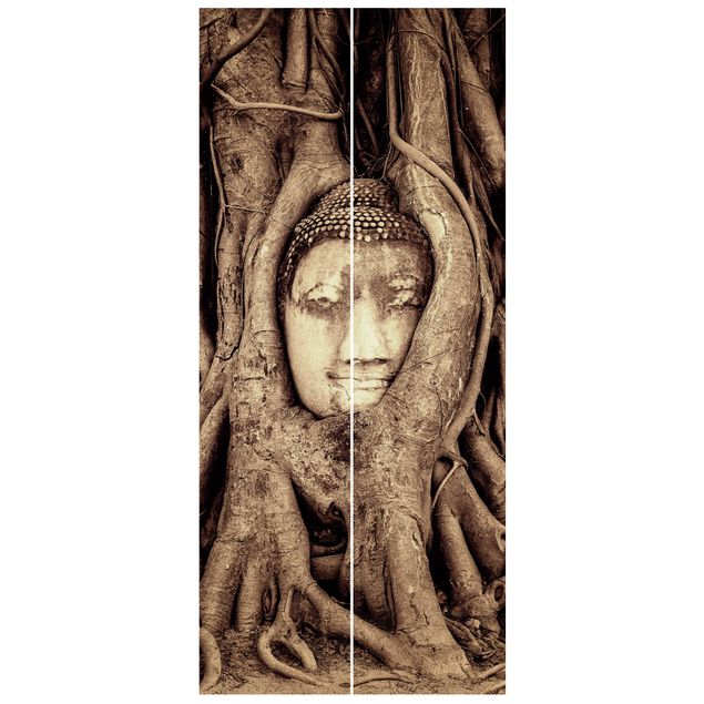 Door Wallpapers landscape Buddha In Ayutthaya Lined From Tree Roots In Brown