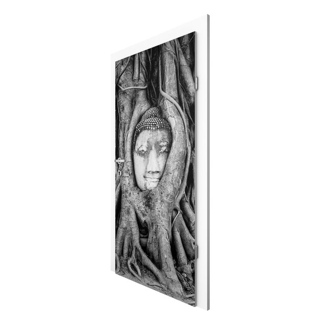 Door Wallpapers flower Buddha In Ayutthaya Lined From Tree Roots In Black And White