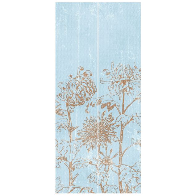 Door Wallpapers flower Etching In Blue